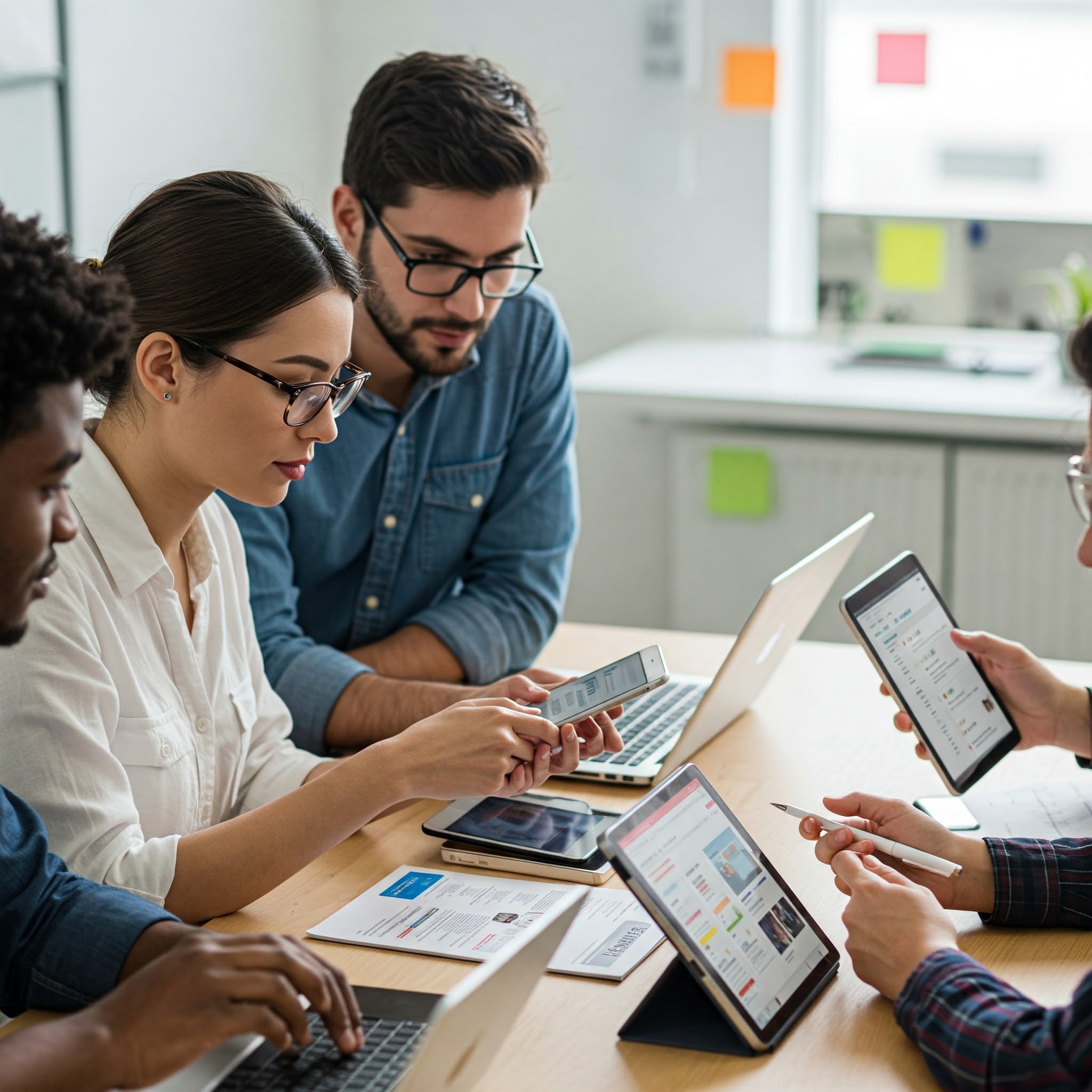 A team of accessibility experts reviewing a website on multiple devices